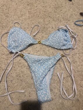 SHEIN Light Blue White Leopard Print Tie Bikini
